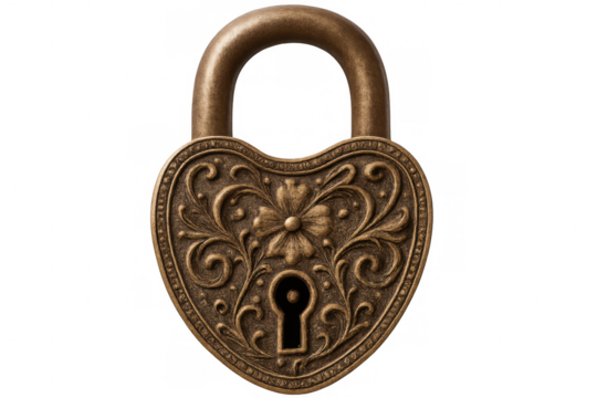 Vintage heart-shaped padlock featuring an ornate floral design, isolated on a transparent background, symbolizes love, security, and secrets