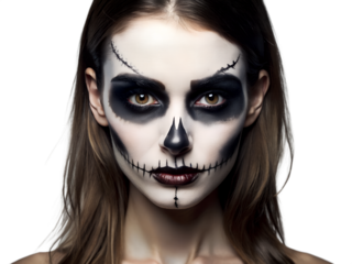 Woman with Halloween Sugar Skull Makeup on Transparent Background