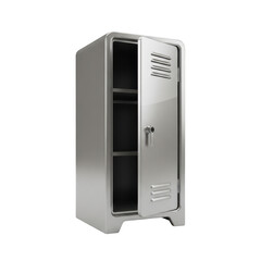 3d icon of a vintage silver metal locker with its door ajar, revealing empty shelves inside, isolated on a transparent background