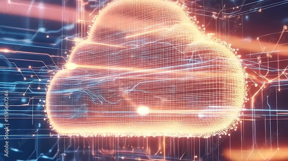 Aufkleber abstract digital cloud computing concept with glowing orange and blue lines on a dark background fut