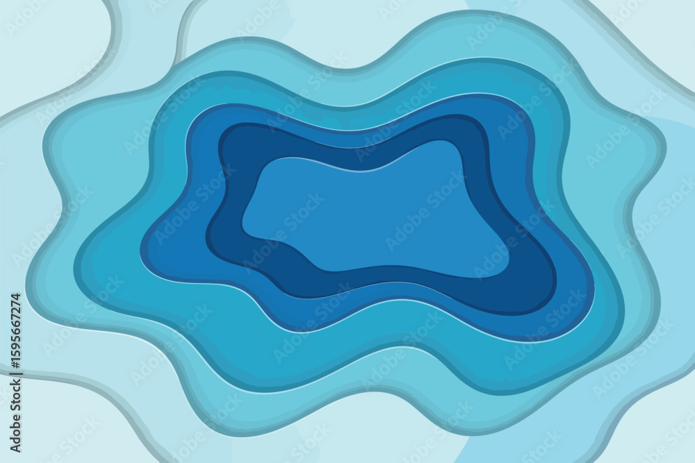 Poster abstract layered paper cut design with shades of blue creating a depth effect and wavy contours desi