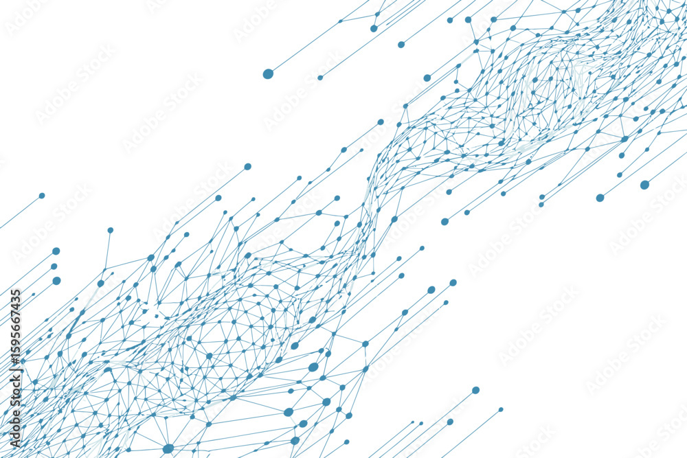 Fototapete abstract network of blue dots connected by lines on a white background creating a flowing pattern