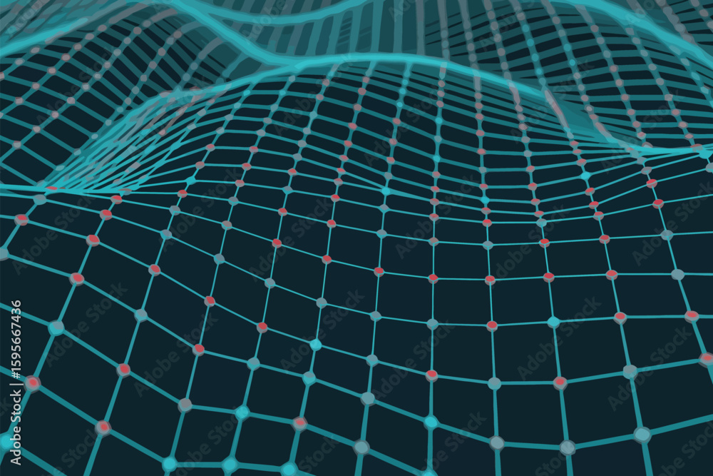 Fototapete a digital landscape with a blue grid and red dots creating a futuristic and abstract visual pattern