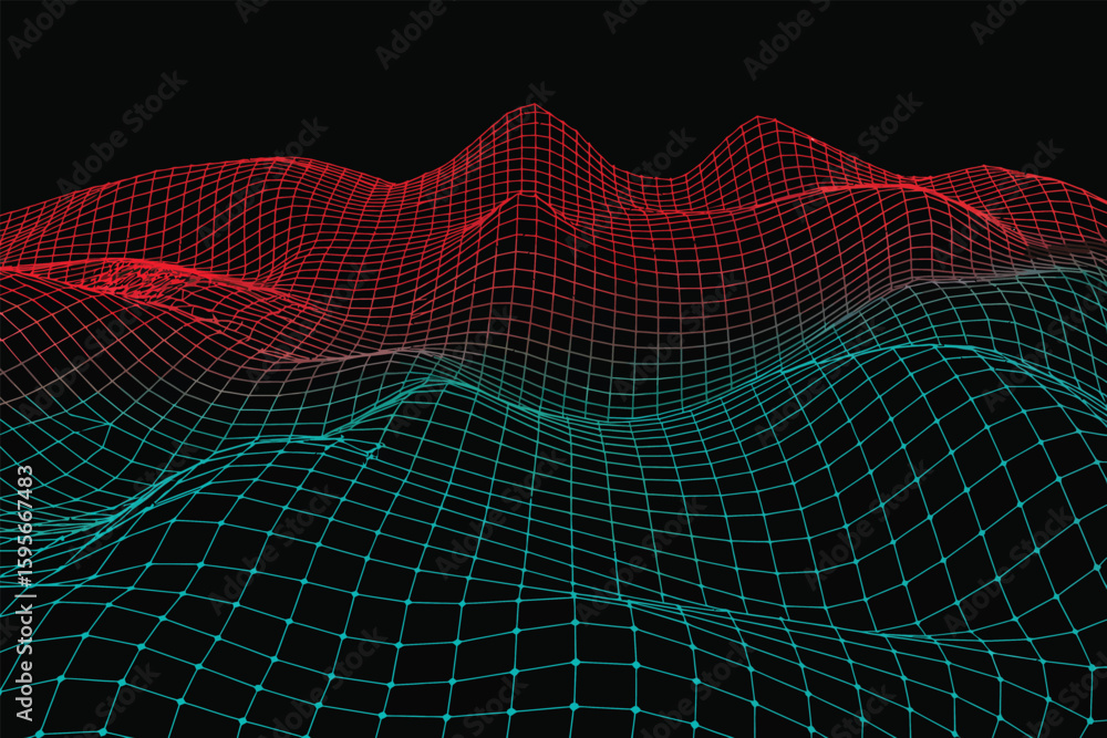 Poster a wireframe landscape with red peaks fading into green valleys against a solid black background view