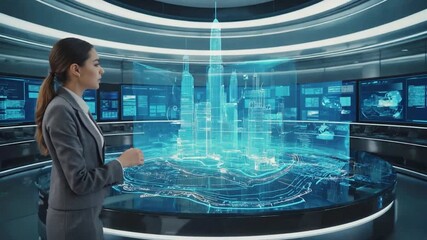 A woman in a business suit interacts with a holographic city projection on a round table in a futuristic control room - Powered by Adobe