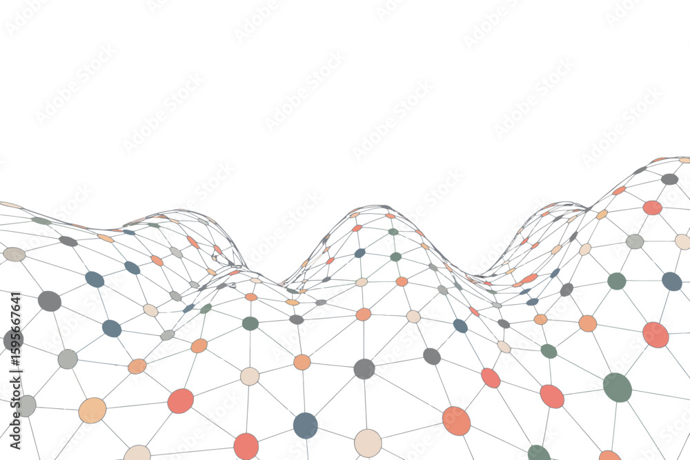 Poster a low angle view of a network of connected dots forming a wavy surface against a white background