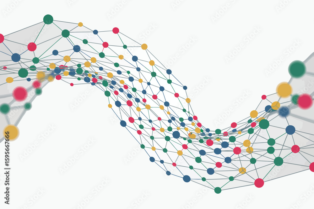 Fototapete abstract network with colorful nodes connected by lines on a white background creating a wavy patter
