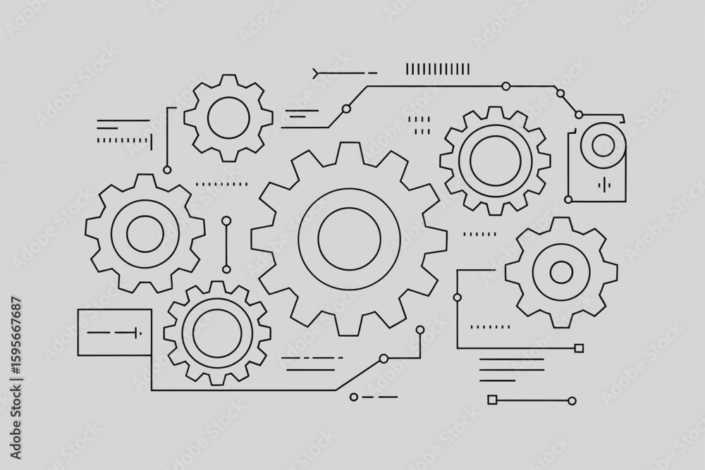 Poster a schematic diagram featuring interconnected gears and circuit elements on a light gray background d
