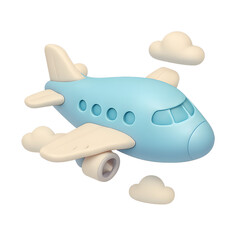 3D Isometric Airplane Icon in Pastel Style with Clouds