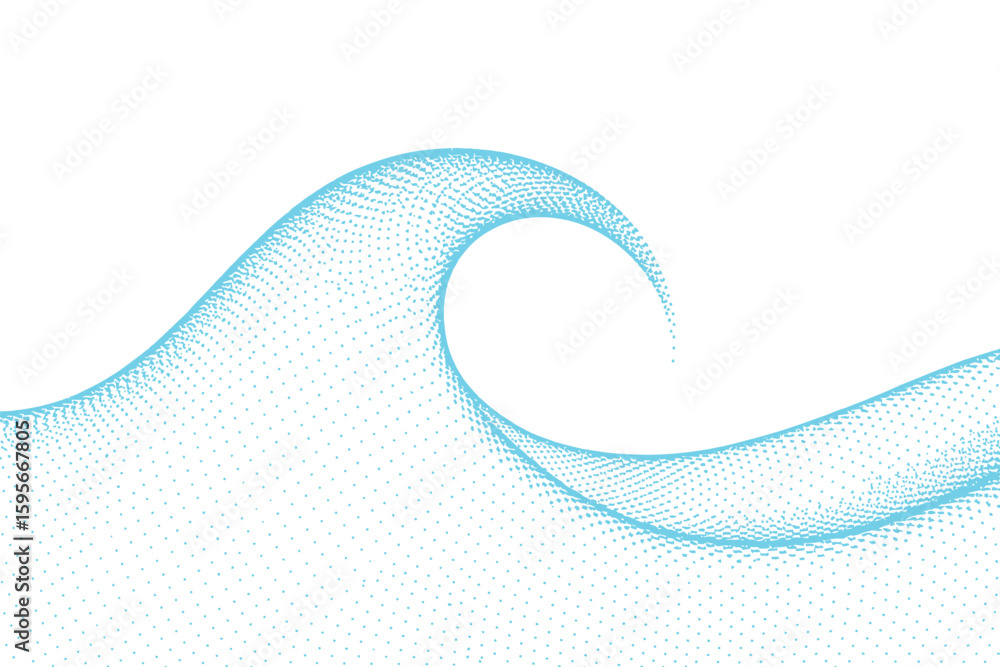 Poster a delicate teal wave rendered with tiny dots against a stark white background in a minimalist style