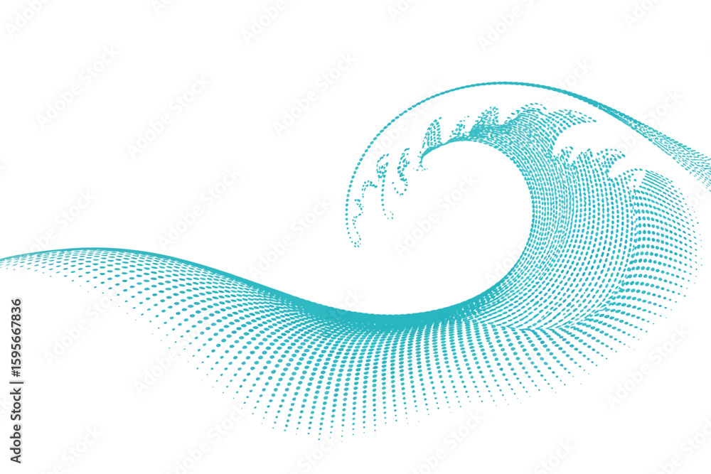 Poster a stylized wave illustration with blue dots on a white background creating a dynamic water effect