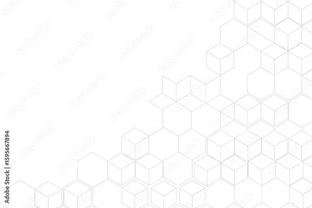 Poster a white background with a pattern of hexagons and cubes in the lower right corner of the image area