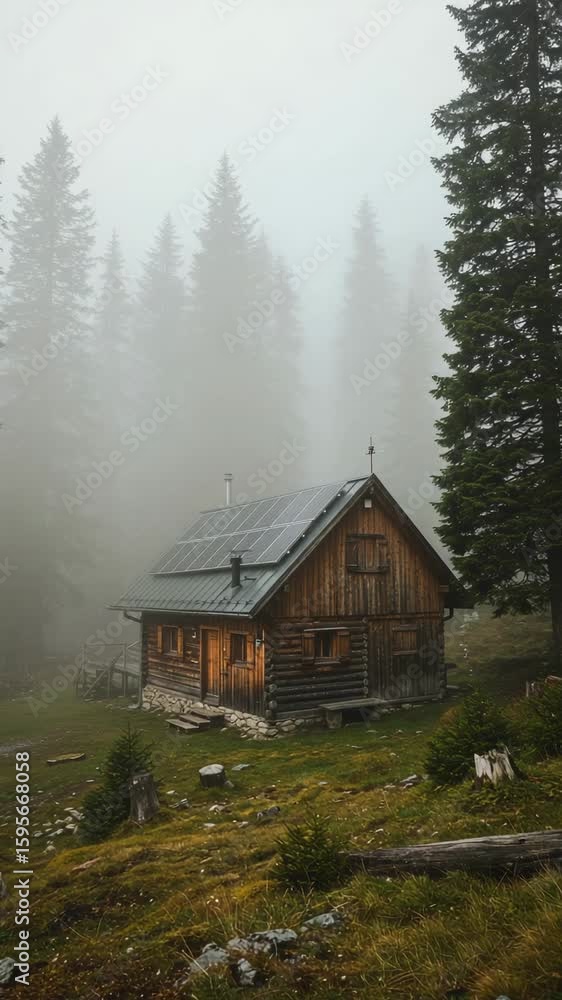 Poster fog envelops rustic log cabin in serene forest setting at dawn