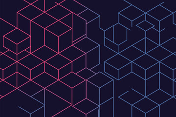 Abstract background featuring interconnected isometric cubes in shades of pink and blue hues on dark navy