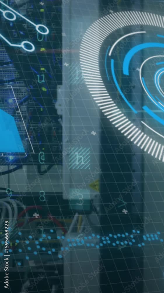 Poster animation of scope scanning and data processing over stock market on black background
