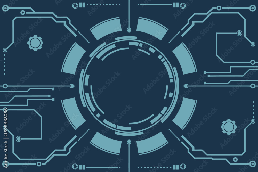 Poster a blue technological background with a circular design and circuit like patterns and gear shapes aro