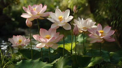 Beautiful Pink and White Lotus Flowers in Serene Water Garden