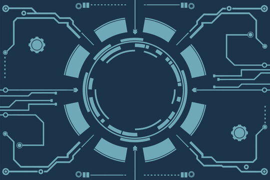 A blue technological background with a circular design and circuit like patterns and gear shapes around it