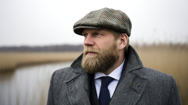 Bearded man in tweed cap and gray coat gazes into distance by river landscape