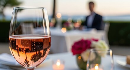 Close up of a glass of rosé wine with a romantic dinner setting in the background