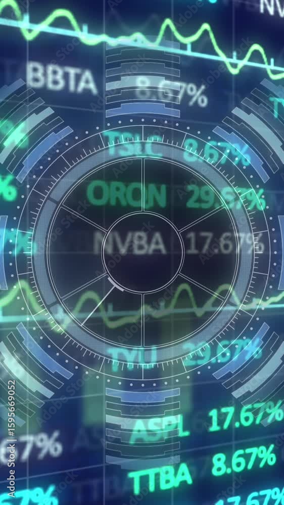 Poster animation of radar over financial data and graphs on navy background