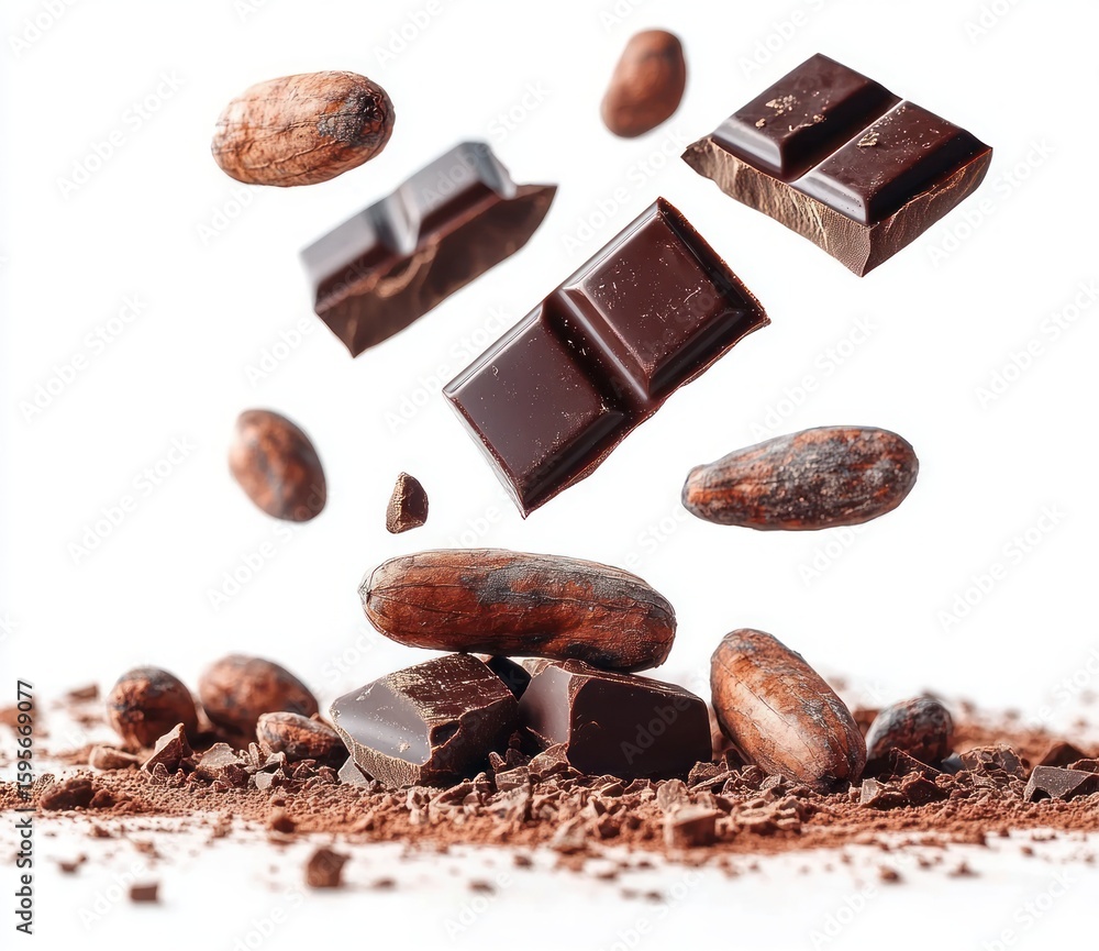 Poster chunks of dark chocolate and whole cacao beans dynamically suspended above a surface scattered with 