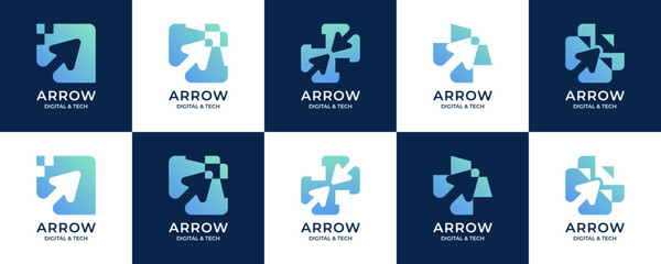 Set Collections of Silhouette Arrow and Digital Pixel Technology, Logo Design Inspirations. Unique Vector for Financial, Business, Trading, Marketing, etc.