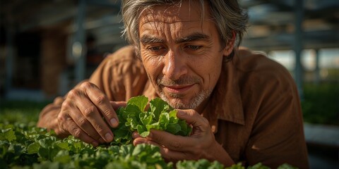 Man with gray hair smelling fresh green lettuce in a garden with sunlight and a brown shirt on him