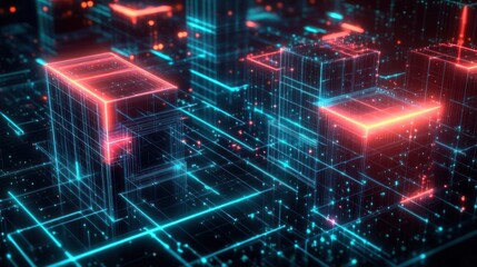 Futuristic neon cityscape with glowing grid lines and illuminated high-rise buildings in vibrant blue and red hues, depicting a digital or virtual urban environment