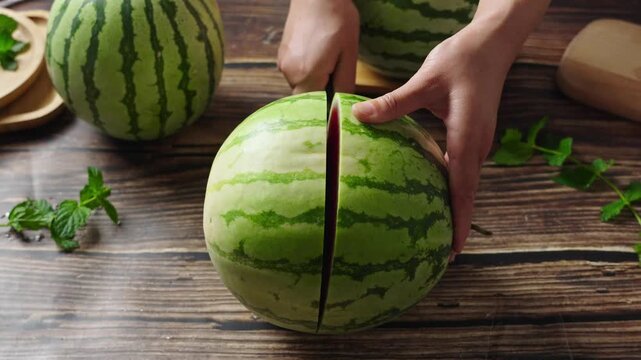 fresh ripe sliced watermelon fruit on wooden table.