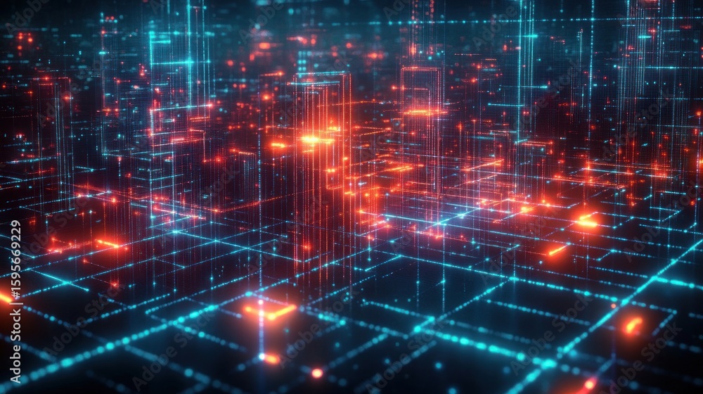 Poster abstract futuristic digital cityscape composed of glowing blue grids and vertical red and blue neon 