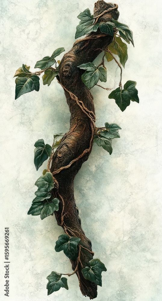 Poster close-up of a twisted tree branch wrapped with leafy ivy vines against a textured pale background, e