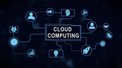 Conceptual cloud computing diagram depicting digital network connections and technology icons - Powered by Adobe