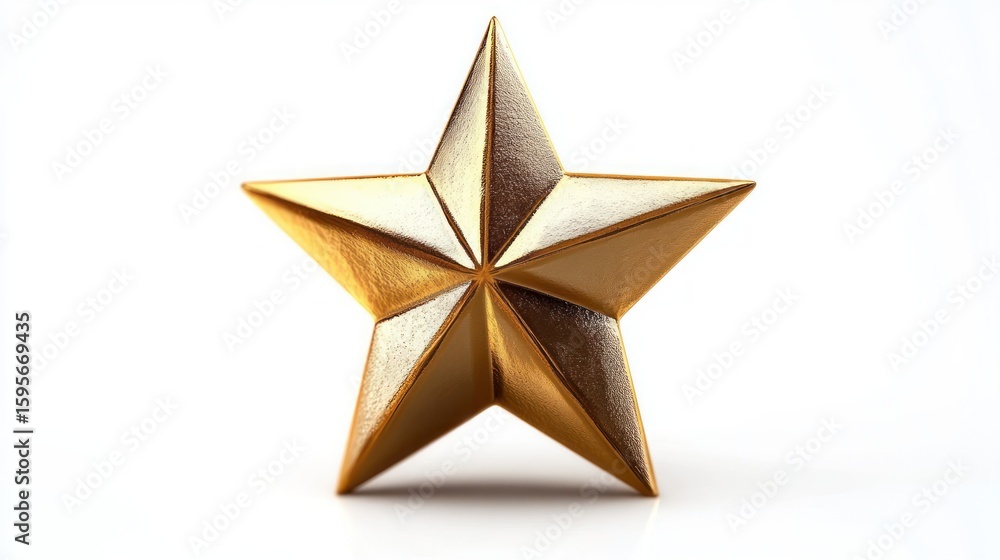 Poster shiny three-dimensional golden star sculpture with sharp edges on a white background