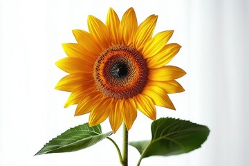 Obraz premium Bright yellow sunflower with detailed petals and green leaves against a clean white background evoking freshness and natural beauty