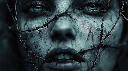 Close-up of a pale face with cracked skin entangled in barbed wire conveying pain and confinement