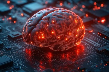 Glowing human brain with embedded circuitry patterns sits on a dark futuristic microchip with scattered red lights, symbolizing integration of technology and intelligence