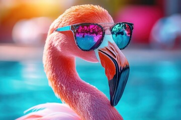 Close-up of a vibrant pink flamingo wearing reflective sunglasses by a bright blue water background evoking a cool and relaxed mood