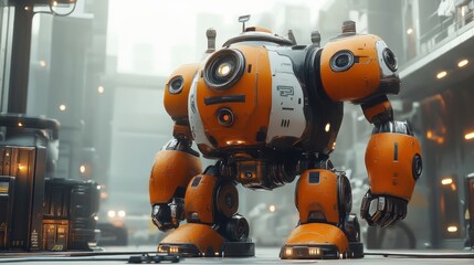 large orange and white robot with bulky legs and arms standing in an industrial urban environment with soft lighting and foggy background