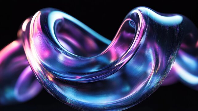 Close-up of a shiny, translucent, twisting ribbon-like structure with vibrant purple, blue, and pink iridescent colors with a glossy smooth surface against a dark background