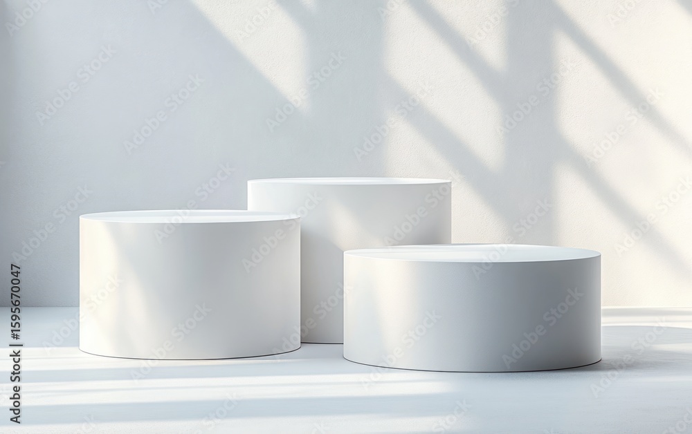 Poster three white cylindrical pedestals of varying heights arranged on a smooth surface with soft natural 