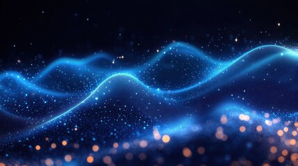 Abstract visualization of glowing blue waveforms and particle clouds creating a dynamic futuristic digital landscape with a sense of flow and energy