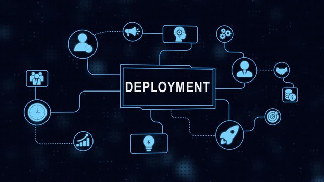 Animated deployment infographic illustrating business concepts and strategies on a dark background
