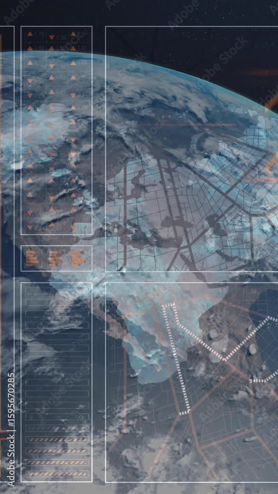 Poster animation of data processing on digital screen over globe