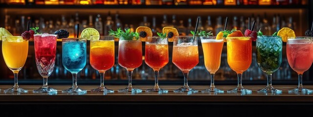 Row of colorful assorted cocktails in various glasses garnished with fruit and herbs on bar counter with blurred bottles in background, festive and inviting atmosphere
