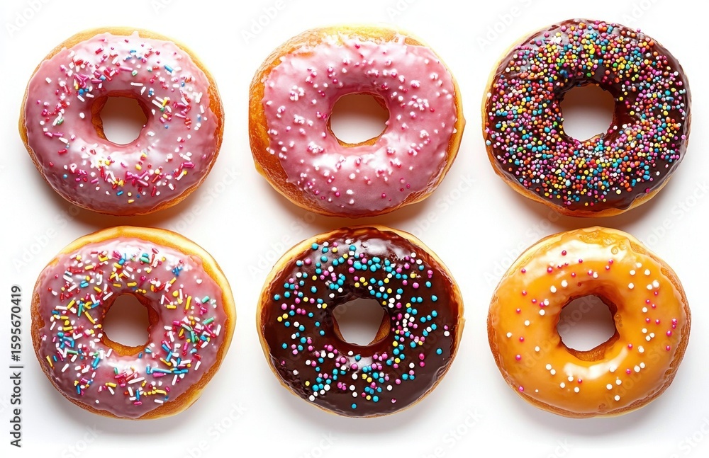 Poster six colorful glazed donuts with various sprinkles arranged in two rows on a white background evoking