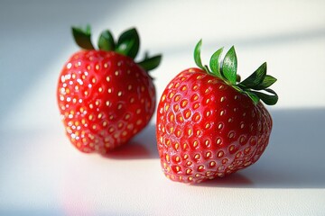 Close-up of two fresh ripe strawberries with green leaves lying on a white surface with soft natural light and subtle shadows