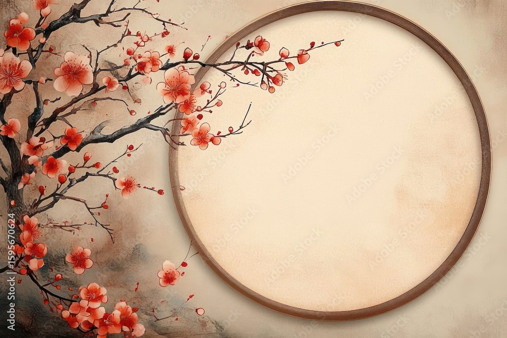 Aufkleber delicate red and pink cherry blossom branches extending towards a large empty circular frame on a te
