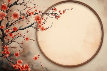 Delicate red and pink cherry blossom branches extending towards a large empty circular frame on a textured beige background evoking calm and natural beauty