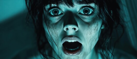 Close-up of a young woman with wide eyes and open mouth expressing fear or shock, her face illuminated with dramatic bluish lighting highlighting sweat and distress
